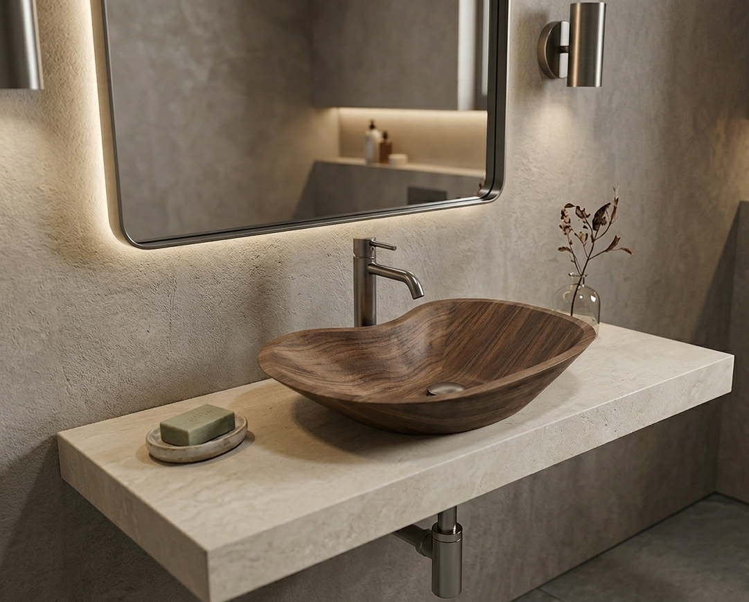 Oyulmuş ahşap banyo lavabosu